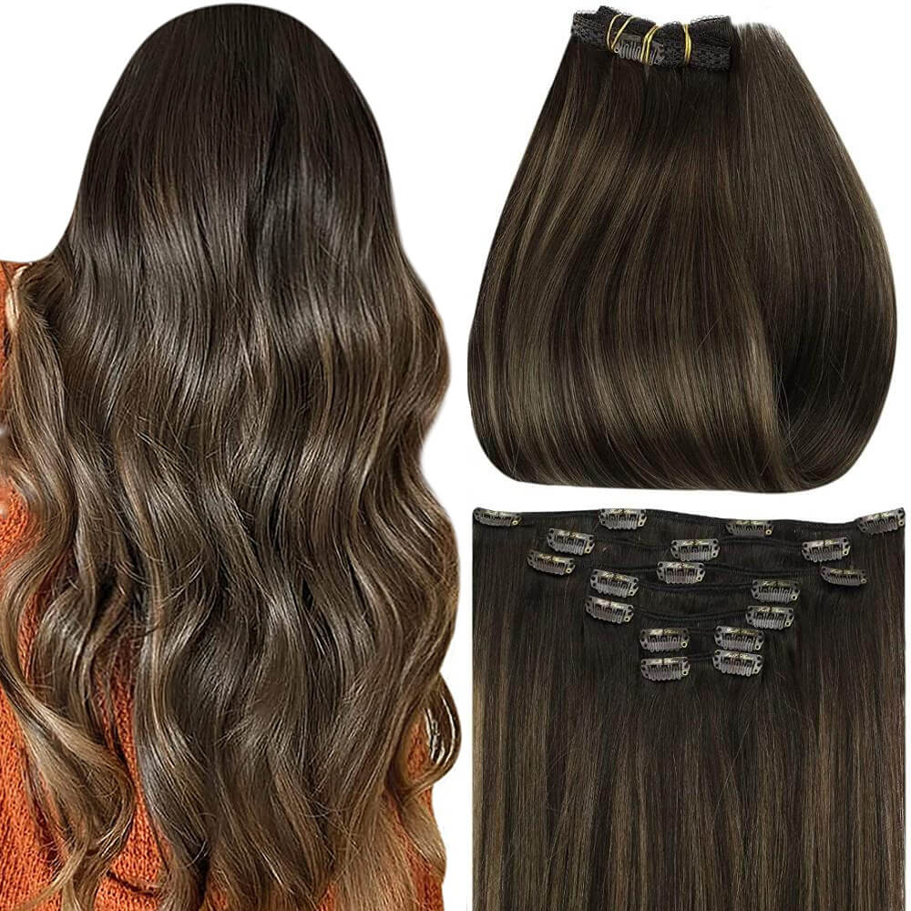 Clip in Extensions 100% Remy Human Hair Balayage Brown Highlights (#2…