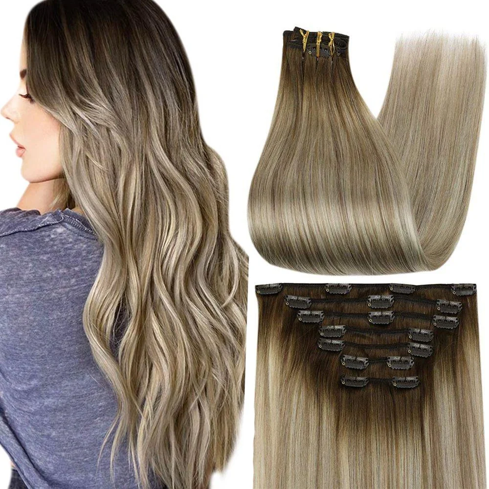 Clip in Extensions 100% Remy Human Hair 7 Pieces Balayage (#3/8/22)