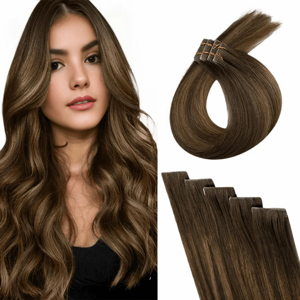 Virgin Injection Tape in Hair Extensions Brown Highlights #DU