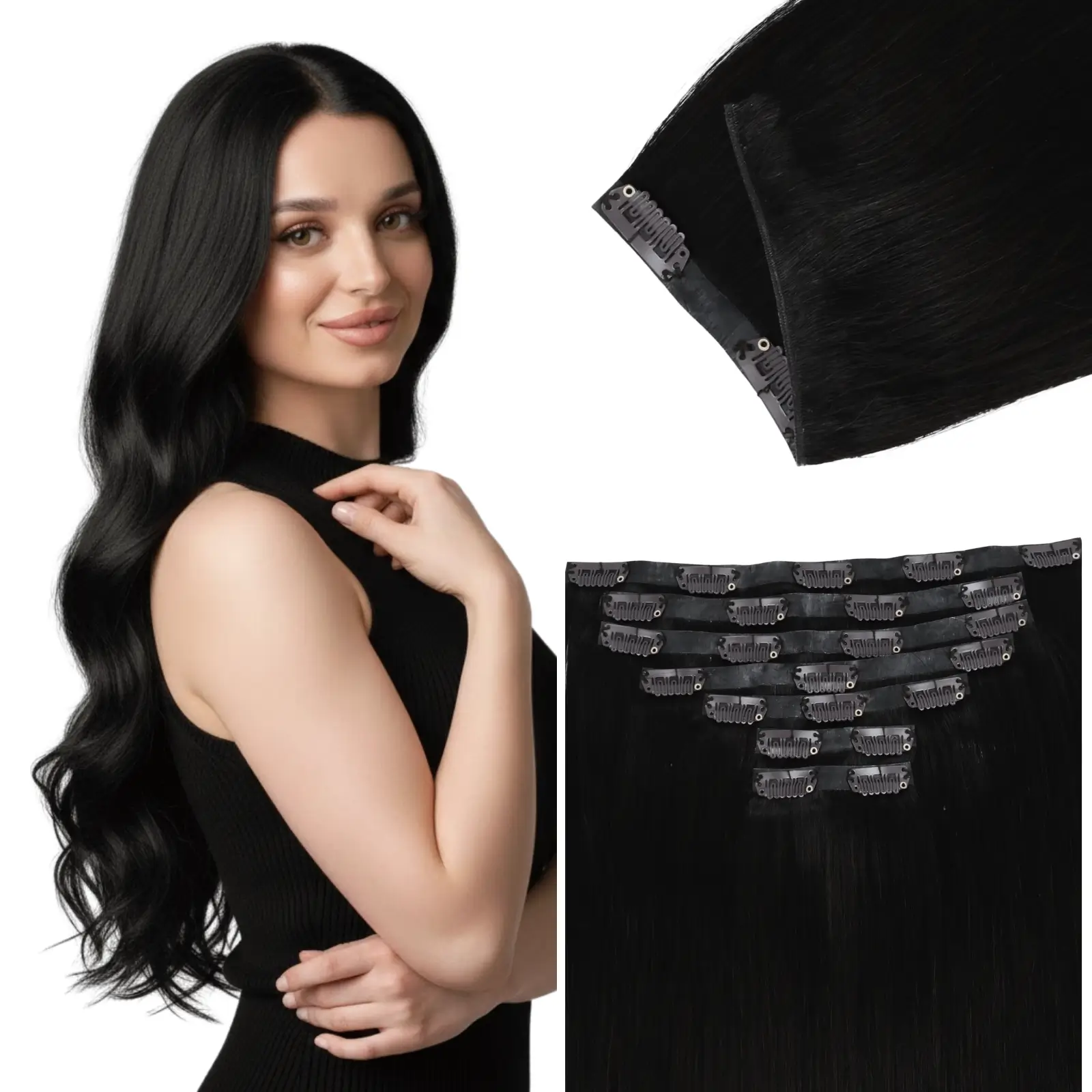 [Pre order] Genius PU Clip in Hair Extensions 7 Pieces Off Black #1B
