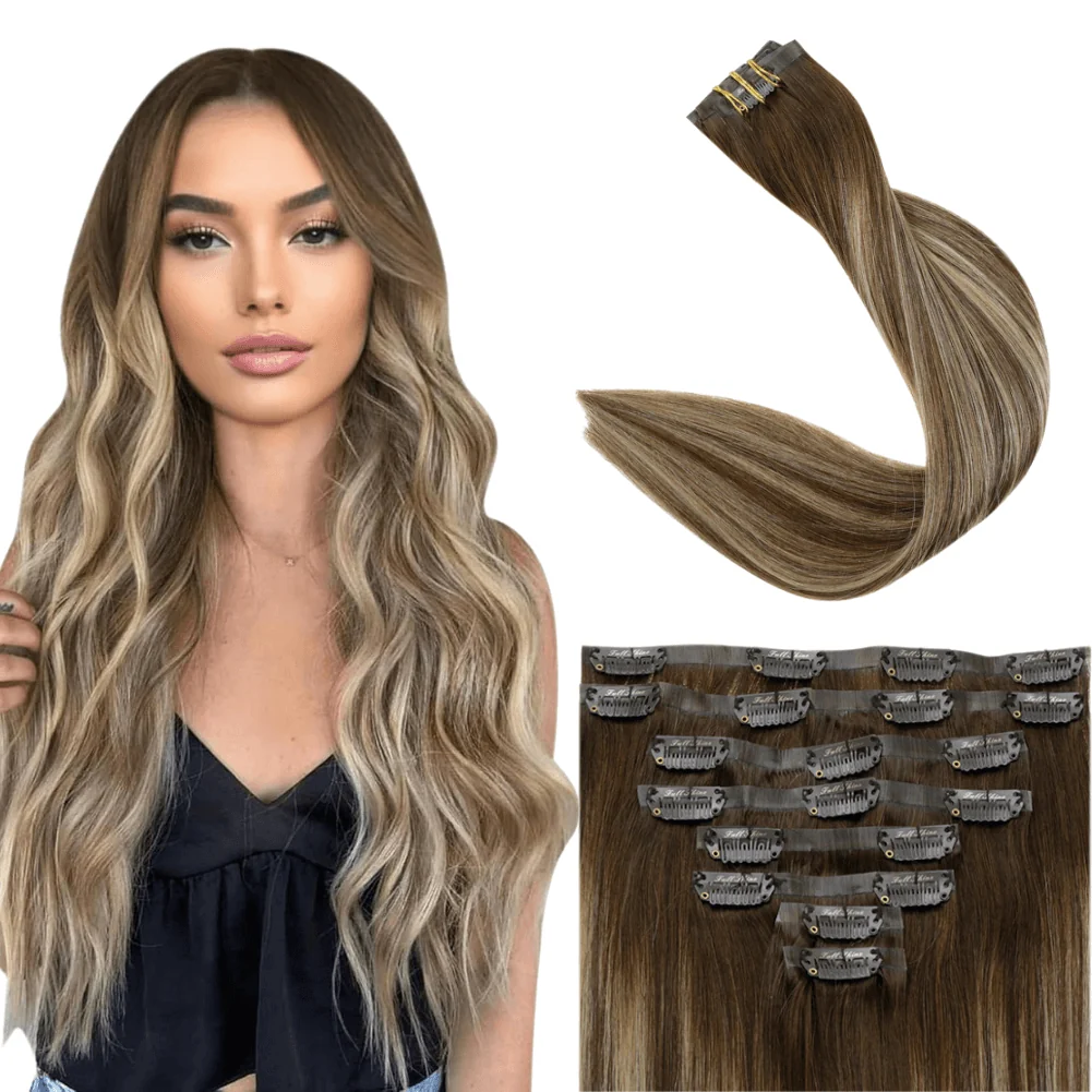 PU Seamless Clip in Extensions 100% Remy Human Hair 8 Pieces Balayage…