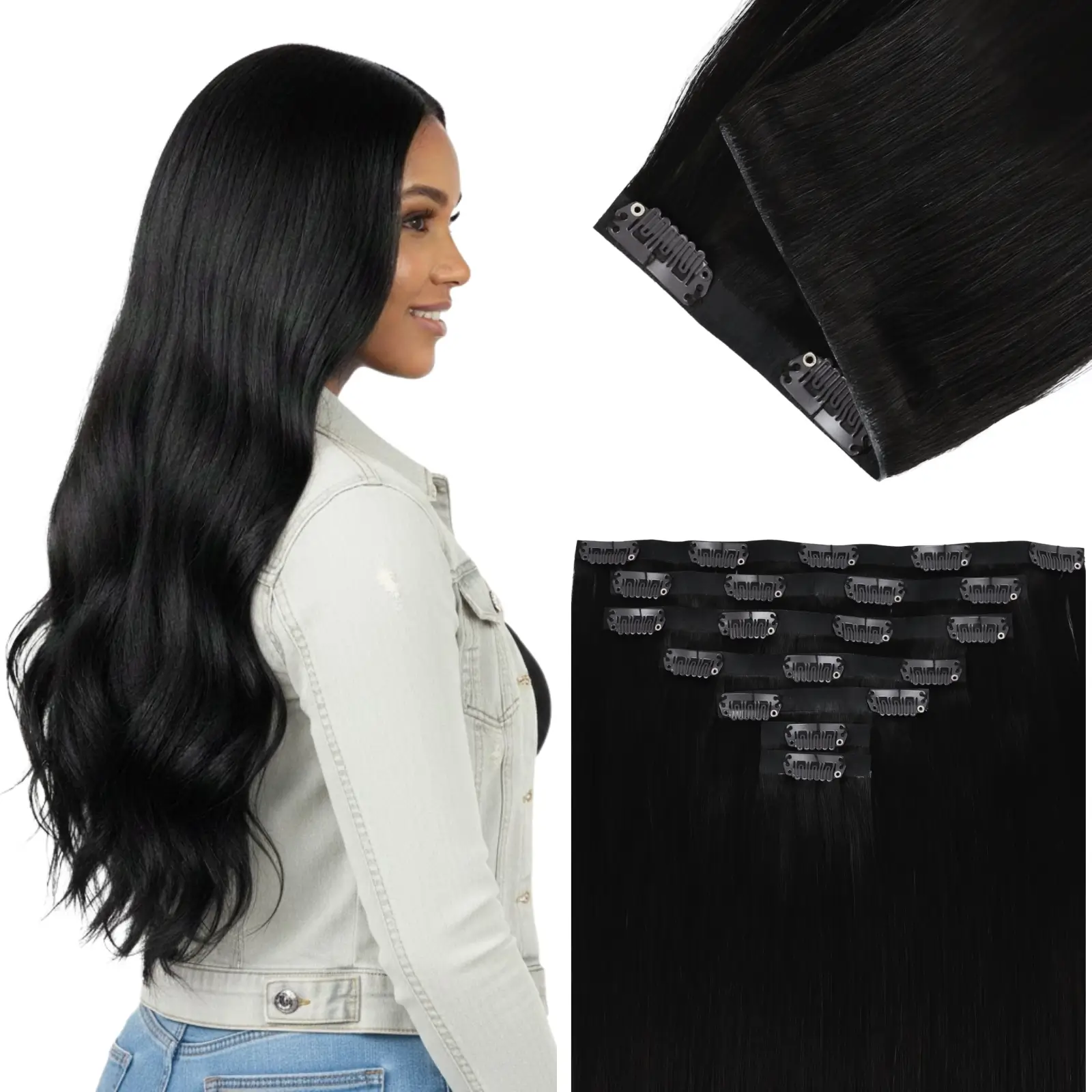 [Pre Order] Injection PU Clip in Hair Extensions Remy Hair Off Black #1B